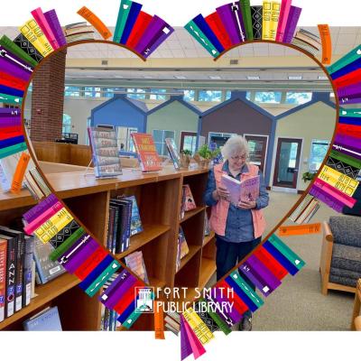 Mom reading book at library with a heart-shaped frame of books around her