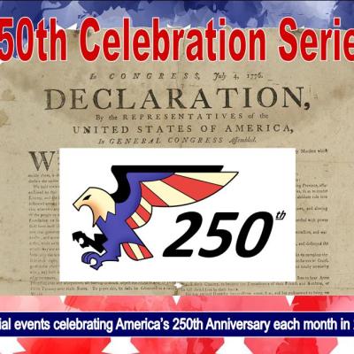 The Declaration of Independence on a red, white, and blue background with eagle logo