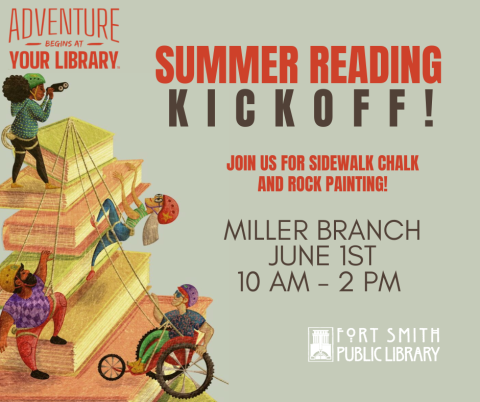 summer reading program kickoff with image of people climbing up books