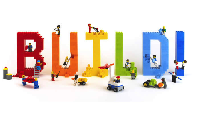 The word "BUILD" spelled with Legos