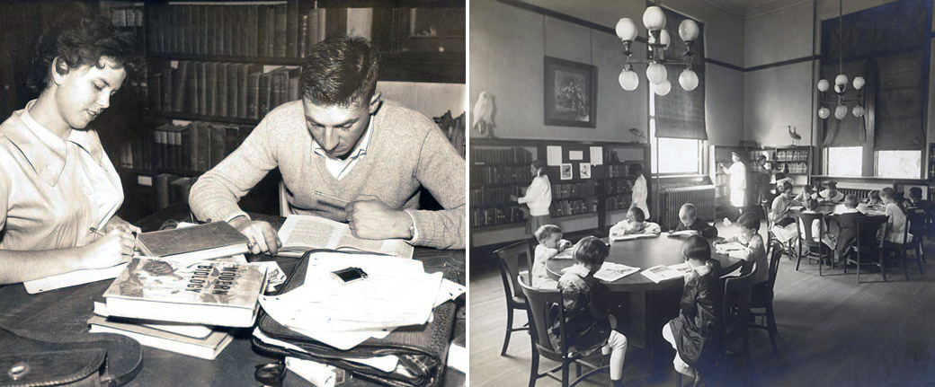 Library customers and the interior of Carnegie