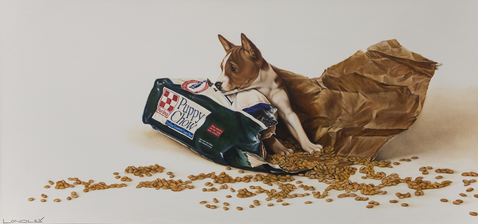 Longley piece showing puppy standing in torn puppy chow package