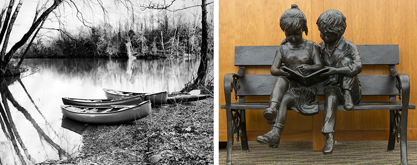 Spirit Creek piece and statue of young boy and girl reading on bench