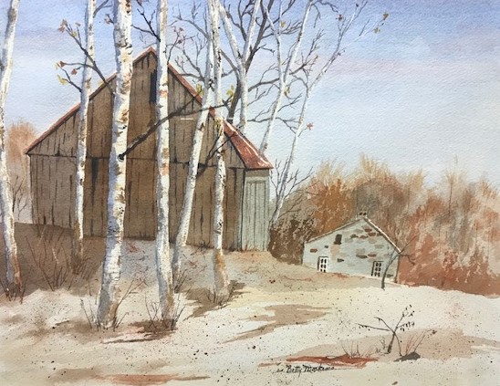 Watercolor painting of cabin and trees by Betty Morkemo