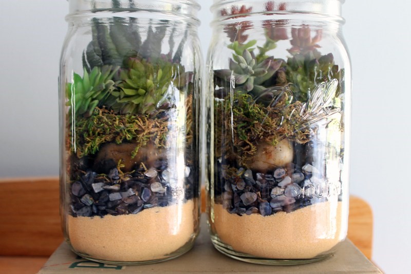 Mason jar filled with sand, rocks, and greens. 
