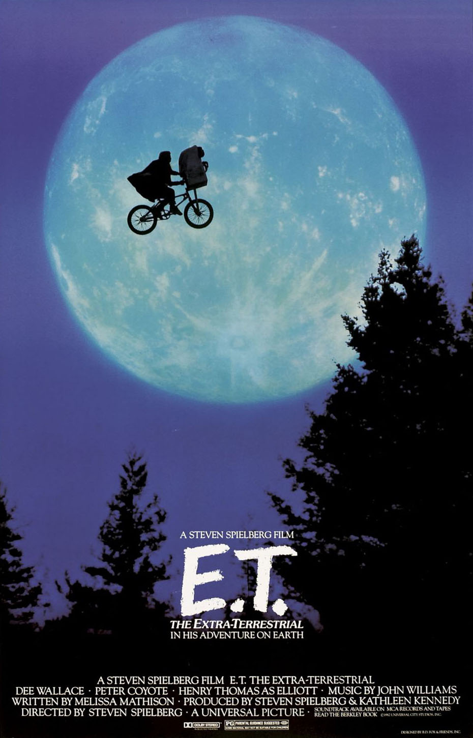 ET movie poster. Boy and alien riding in space. 