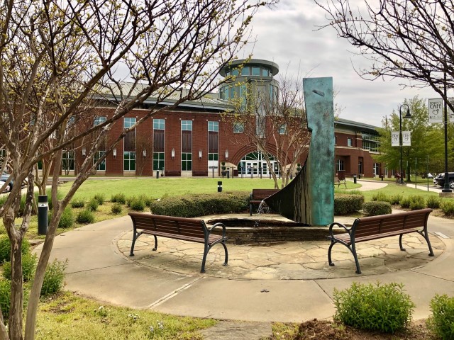 view of library fountain and library