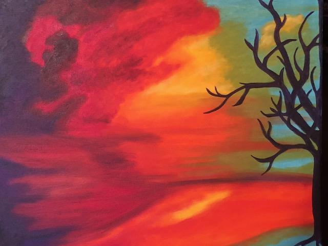 Painting of sunset with tree by Angela Strozier