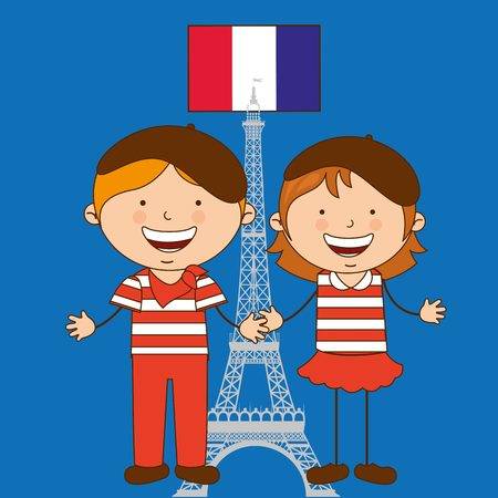Boy and girl in front of Eiffel Tower and French flag
