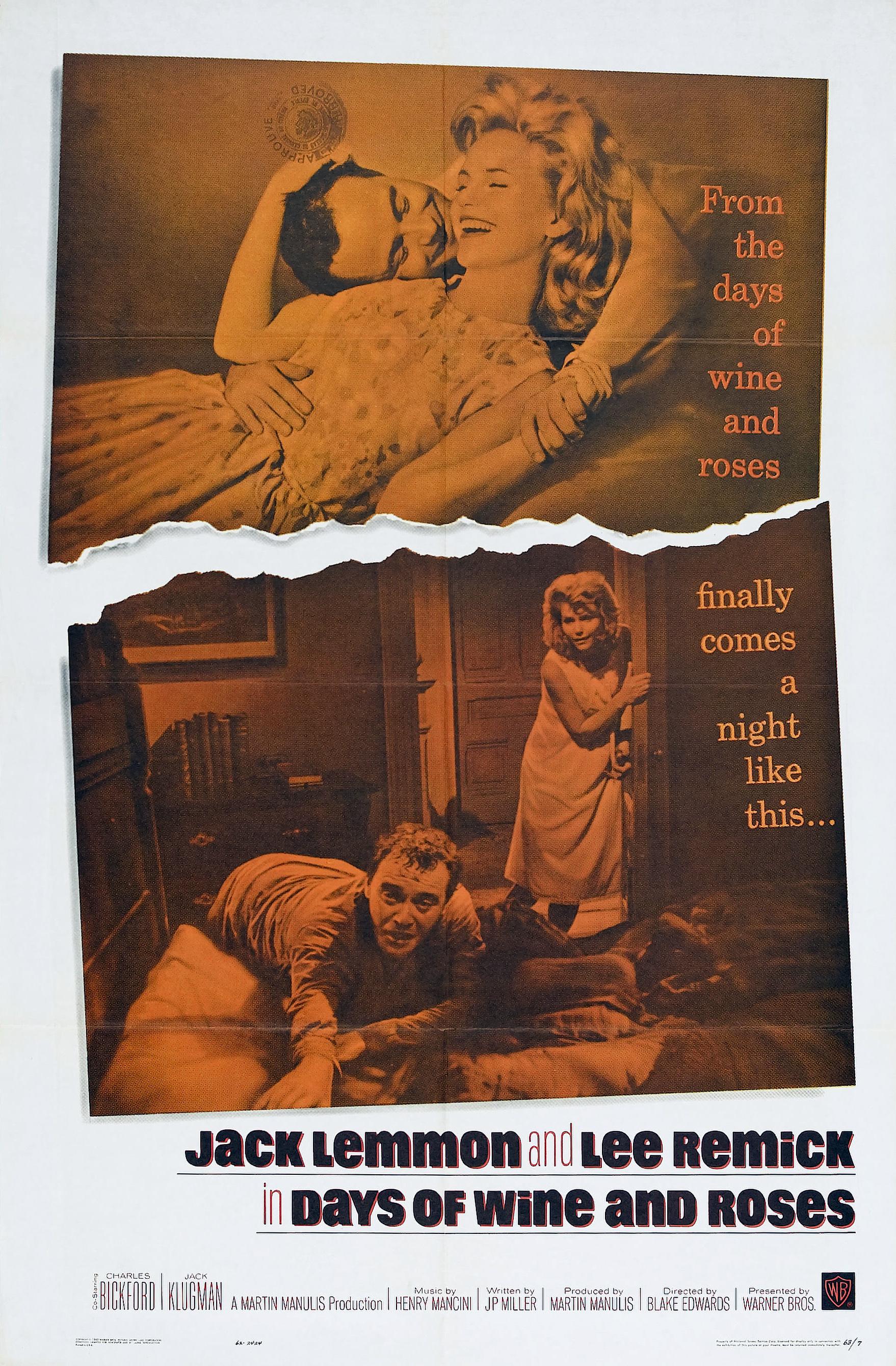 Movie poster for Days of Wine and Roses from 1962 with Jack Lemmon and Lee Remick