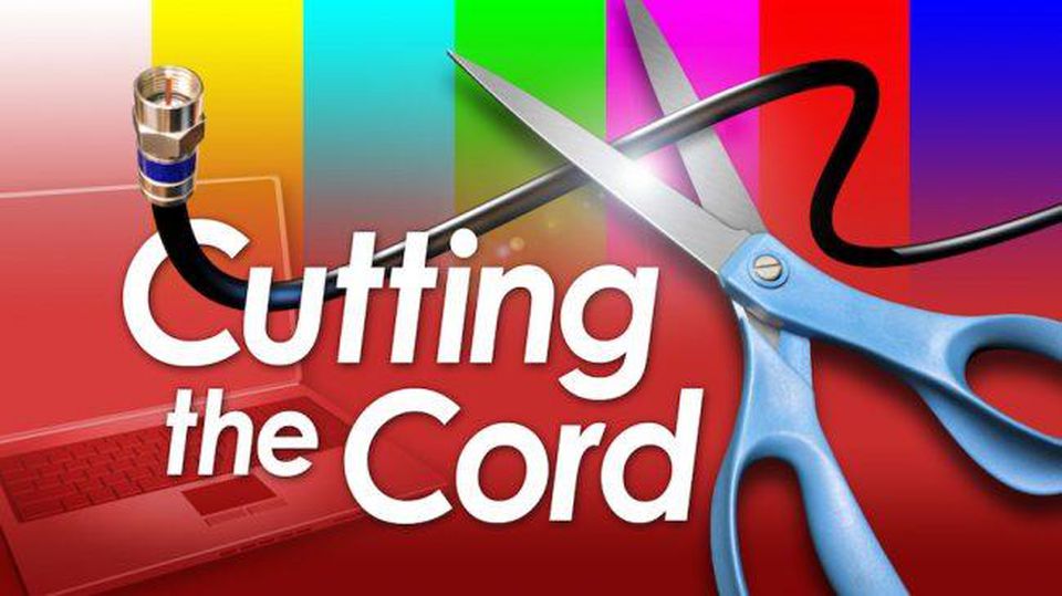 color picture saying cutting the cord with a scissor cutting cable cord picture in the background