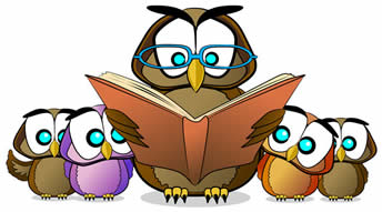Owl holding book with 4 little owls listening