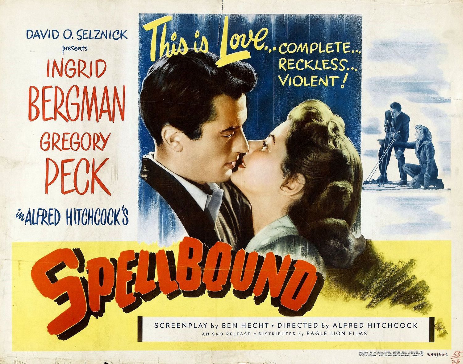 Spellbound 1945 movie. Ingrid Bergman and Gregory Peck kissing. 