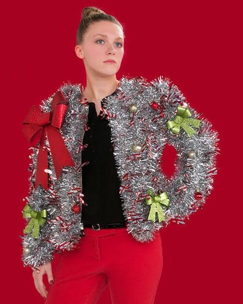 young woman in an ugly holiday sweater