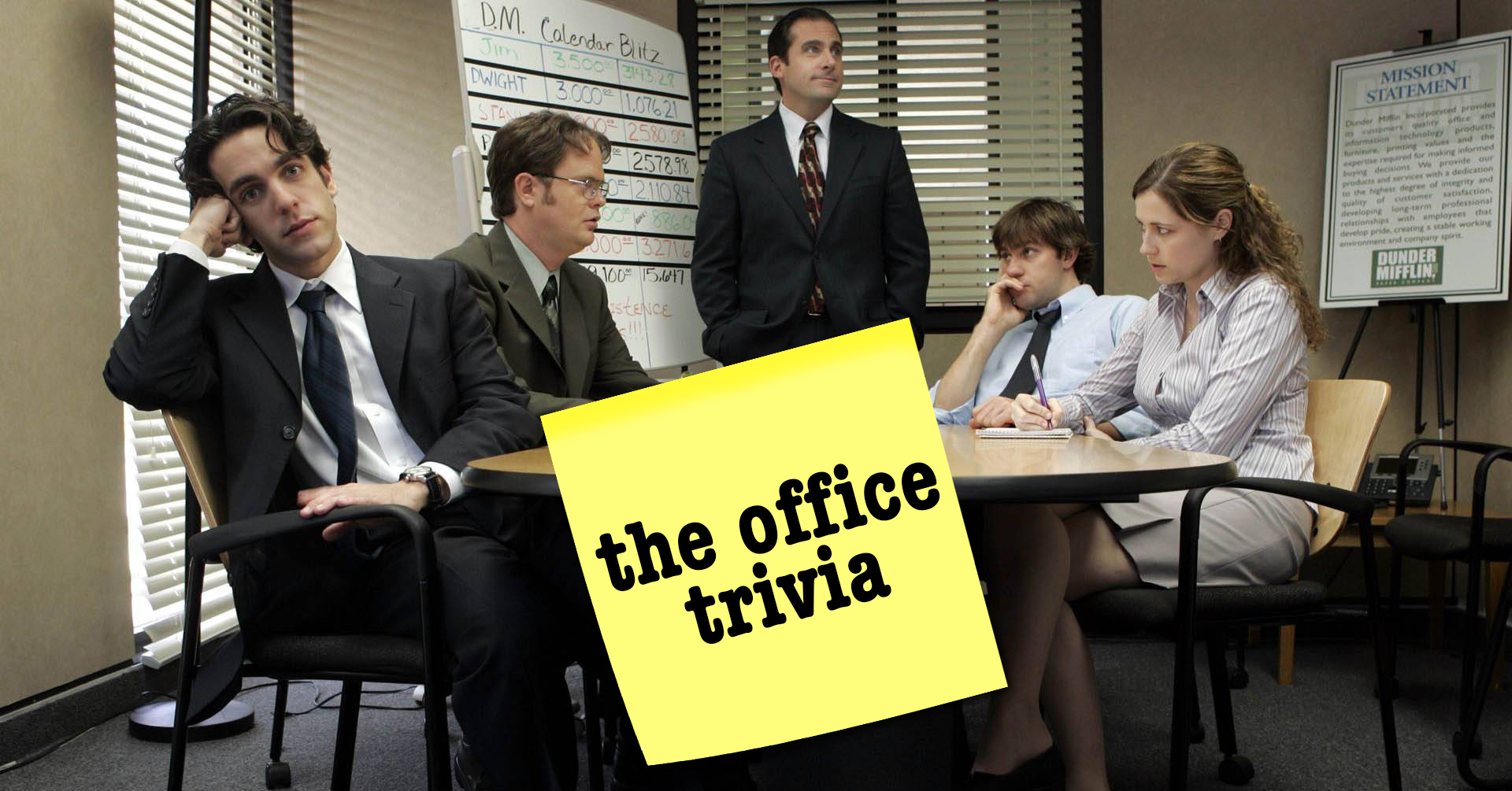 Scene from the office with "the office trivia" post it note