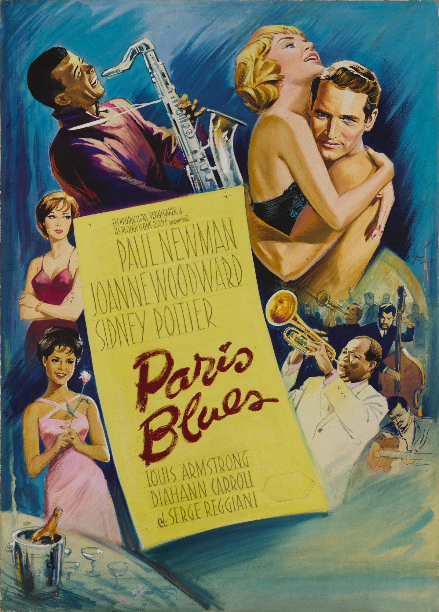 Paris Blues movie poster with Paul Newman, Sidney Poitier, Joanne Woodward, and Diahann Carroll. 
