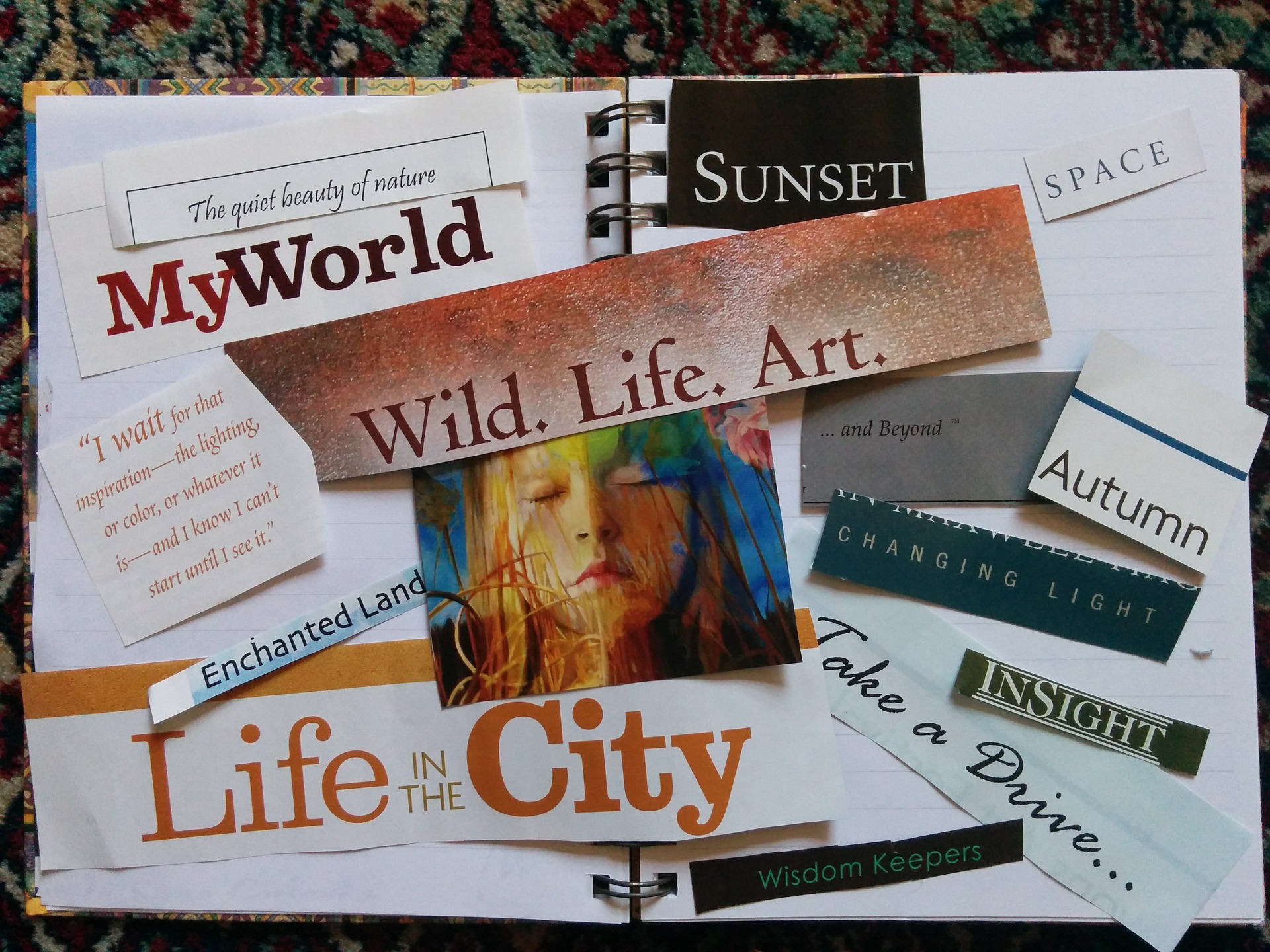 Vision board with lots of clipped images on it. 