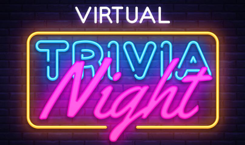 neon sign that stays "Virtual Trivia Night"