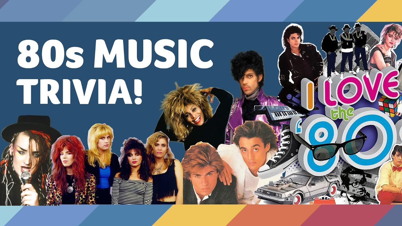80s music trivia with pictures of 80s musicians all over. 80s spelled out in white and 80s in multicolor. 
