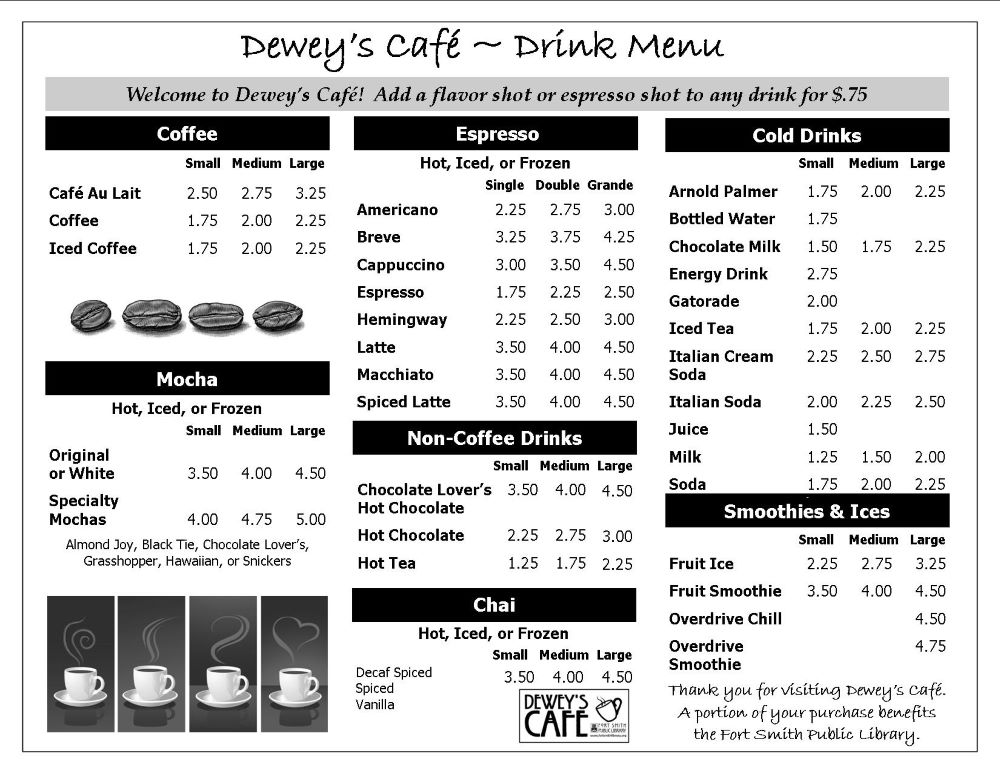 Dewey's Café Drink Menu