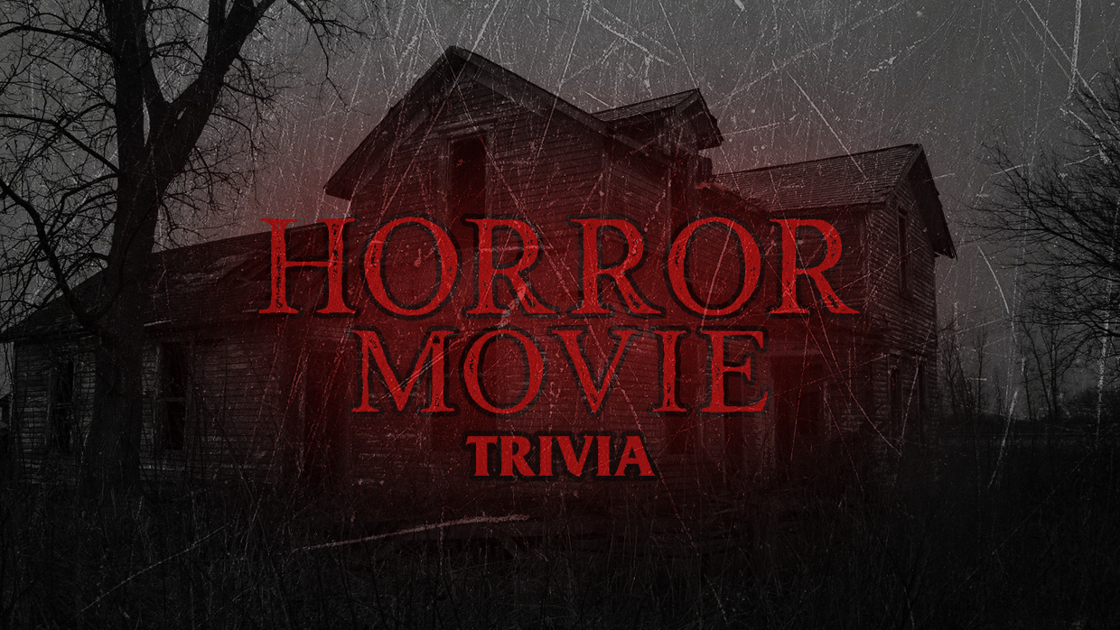 Horror Movie Trivia in red text against a dark black house outline against a lighter grey background.