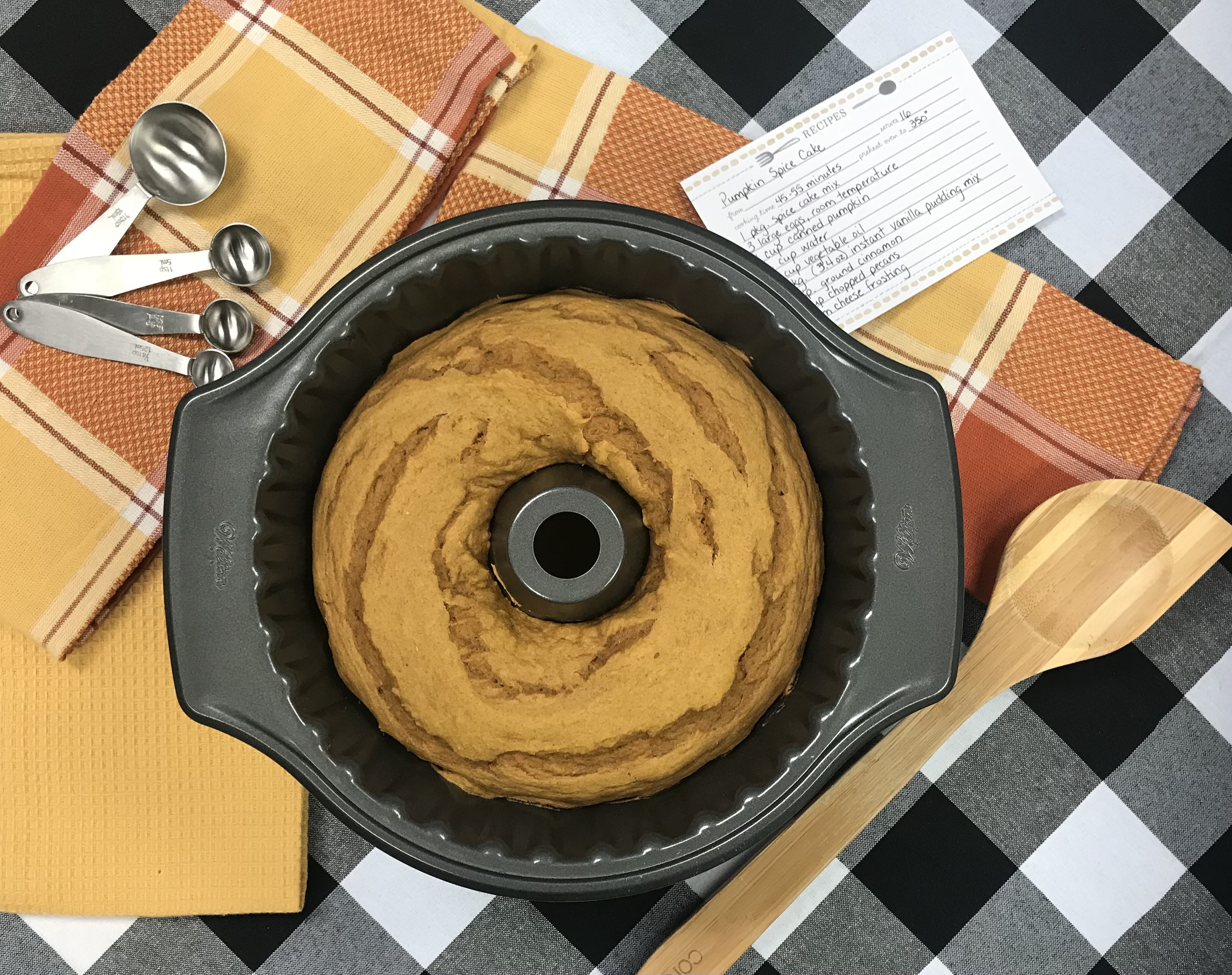 Bundt Cake, recipe card, tea towels, spoons