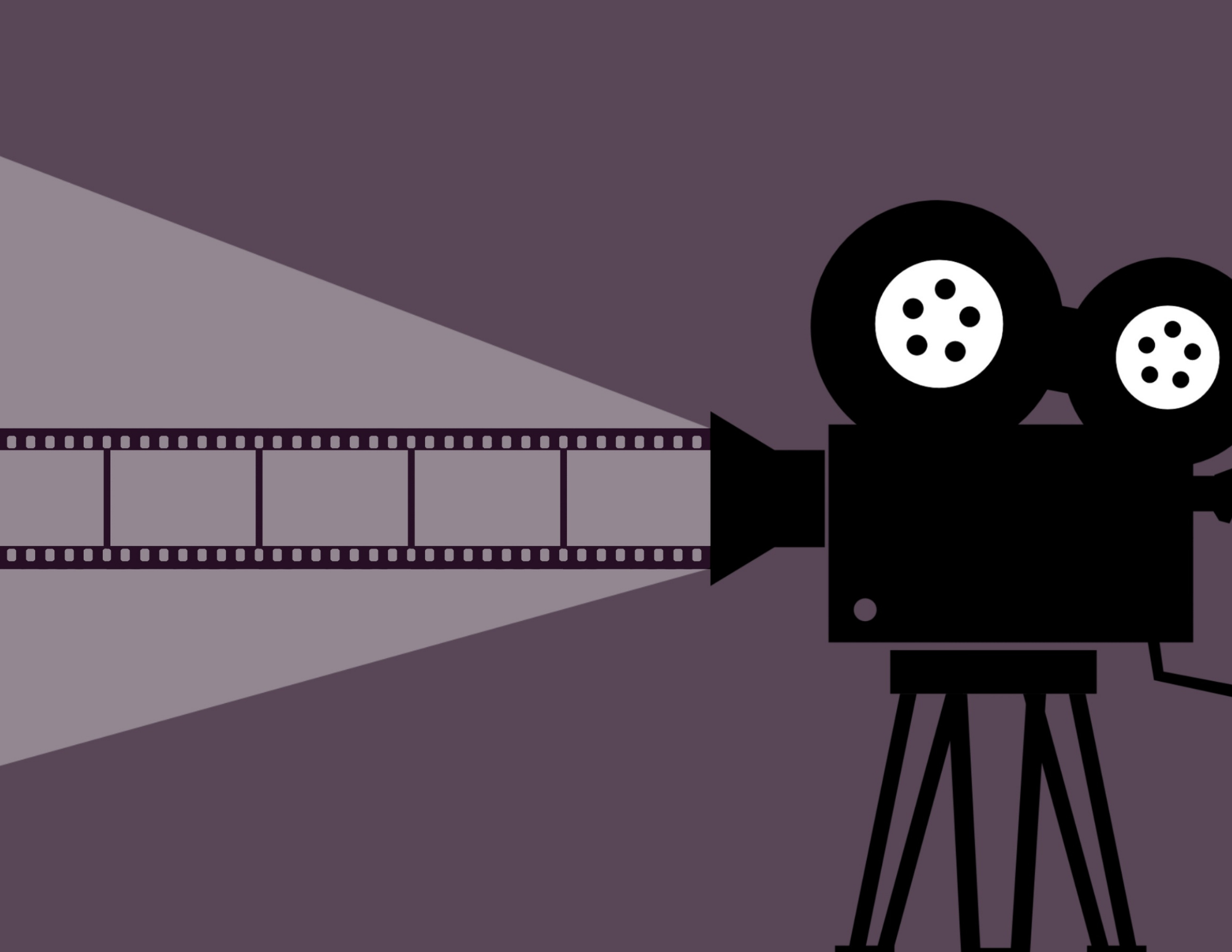 Black movie Camera with reel coming out of it. Against a grey background. 