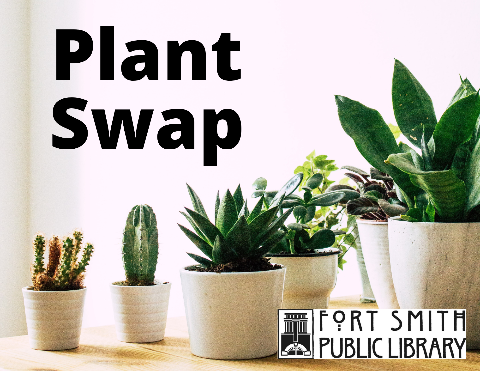 Plant Swap in black letters against a off white background. Various plants in white pots in various positions are right under the Plant Swap wording. 