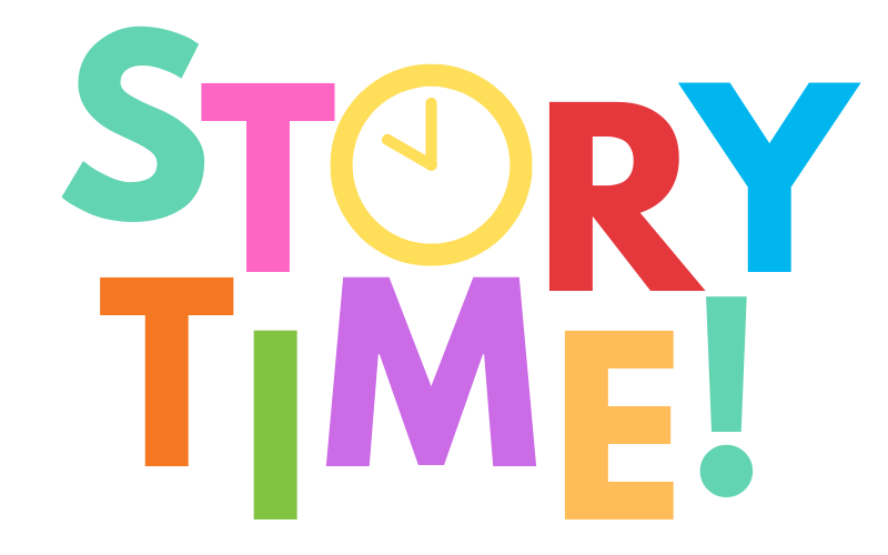 The word storytime with a clock for an "o"