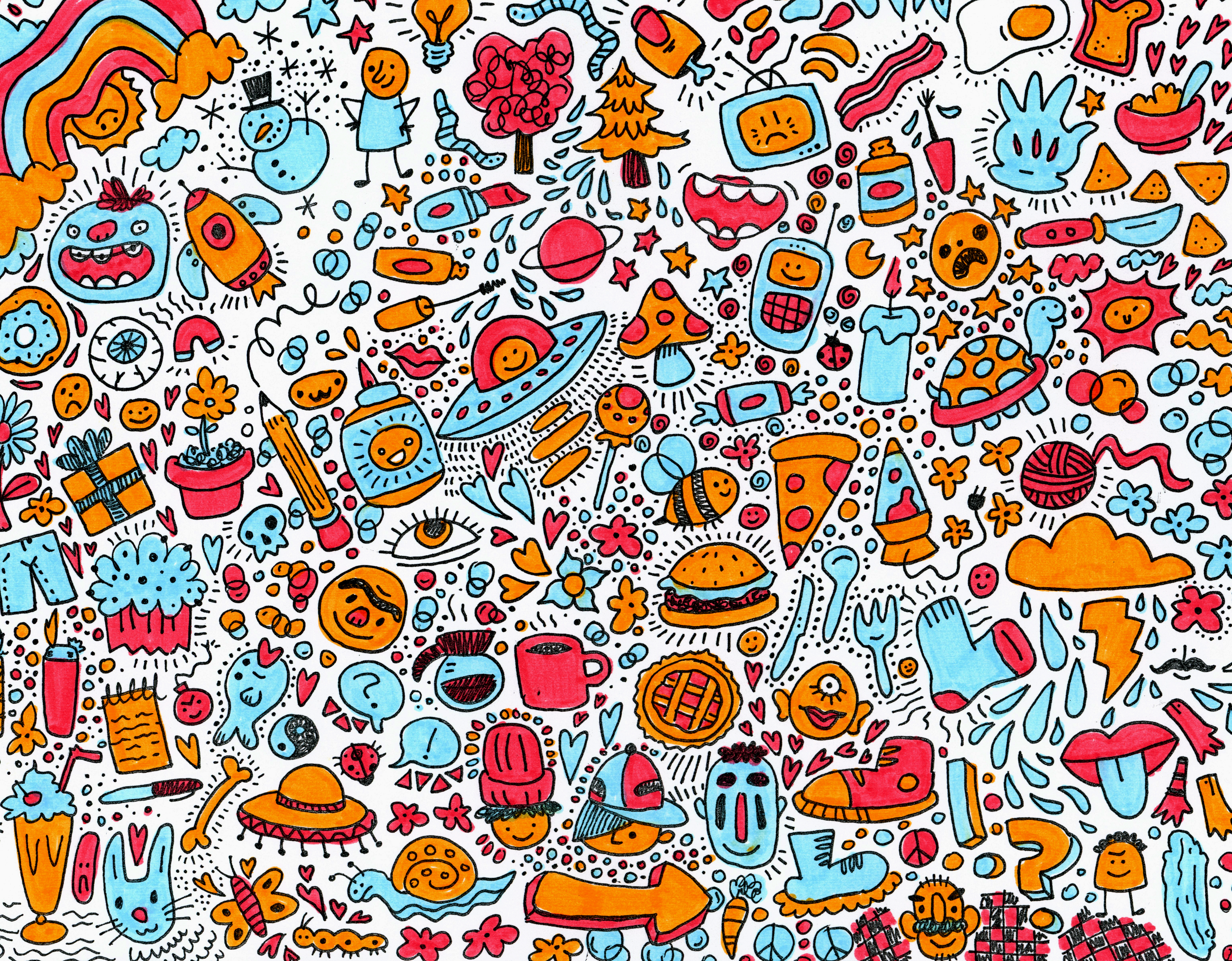 Multicolor doodles of random things like food, coffee cups, trees, pizzas, shoes, flowers, tvs, question marks, yarn, and etc. 