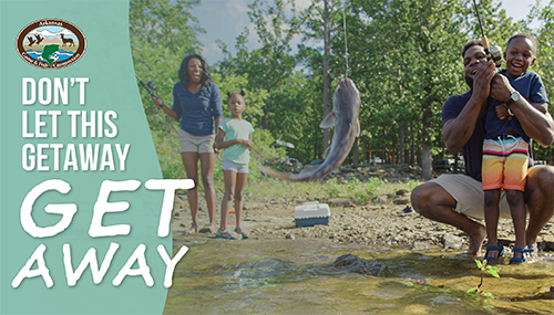 Family fishing with Arkansas Game and Fish logo