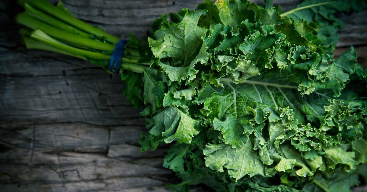 A bundle of green kale against a stone background