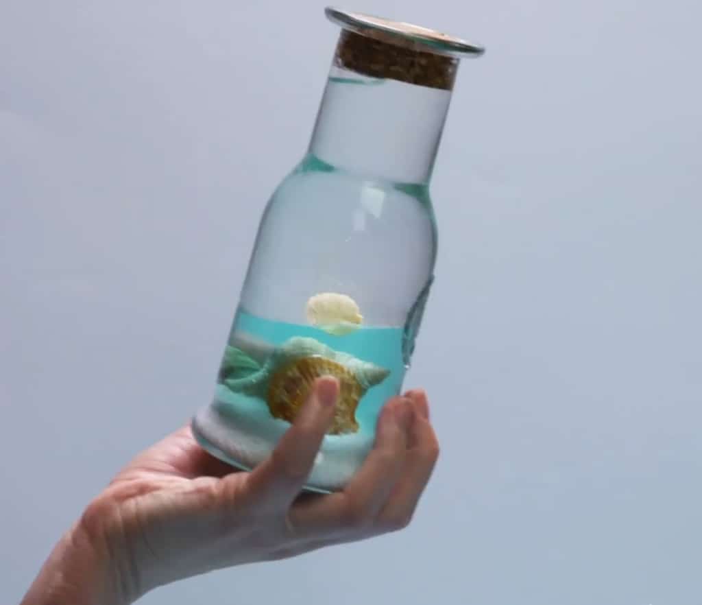 Hand holding a glass bottle with bluish liquid and seashells against a bluish grey background