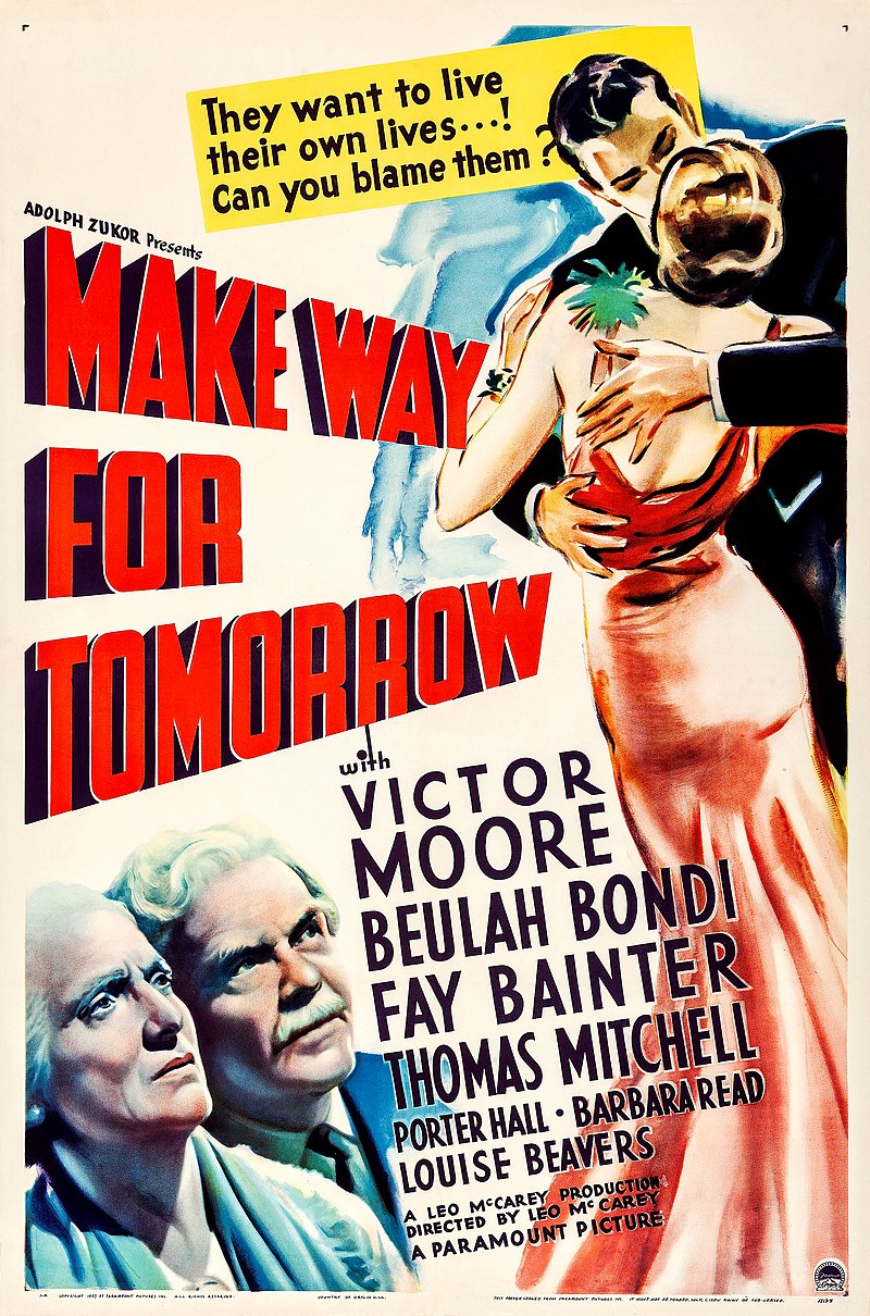 Movie poster for Make Way for Tomorrow. It has Make Way for Tomorrow in Red Ink with a large image of two people in embrace in multi colors and at the left bottom corner are two older people look up at the couple in embrace 