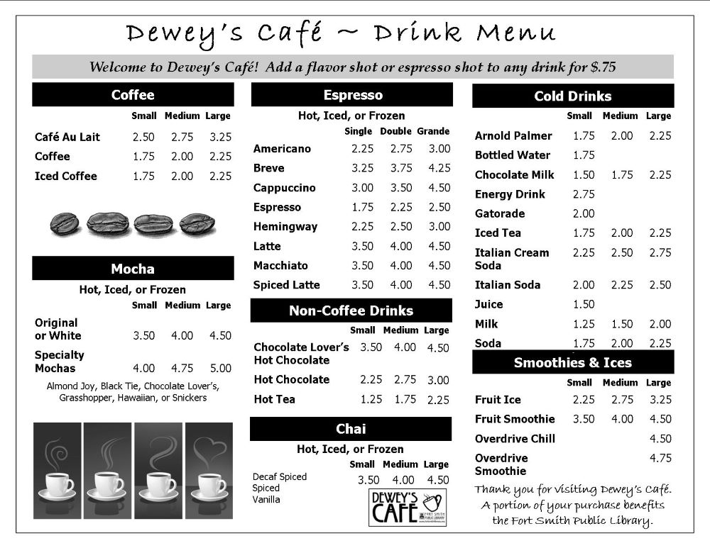 Dewey's Café drinks menu