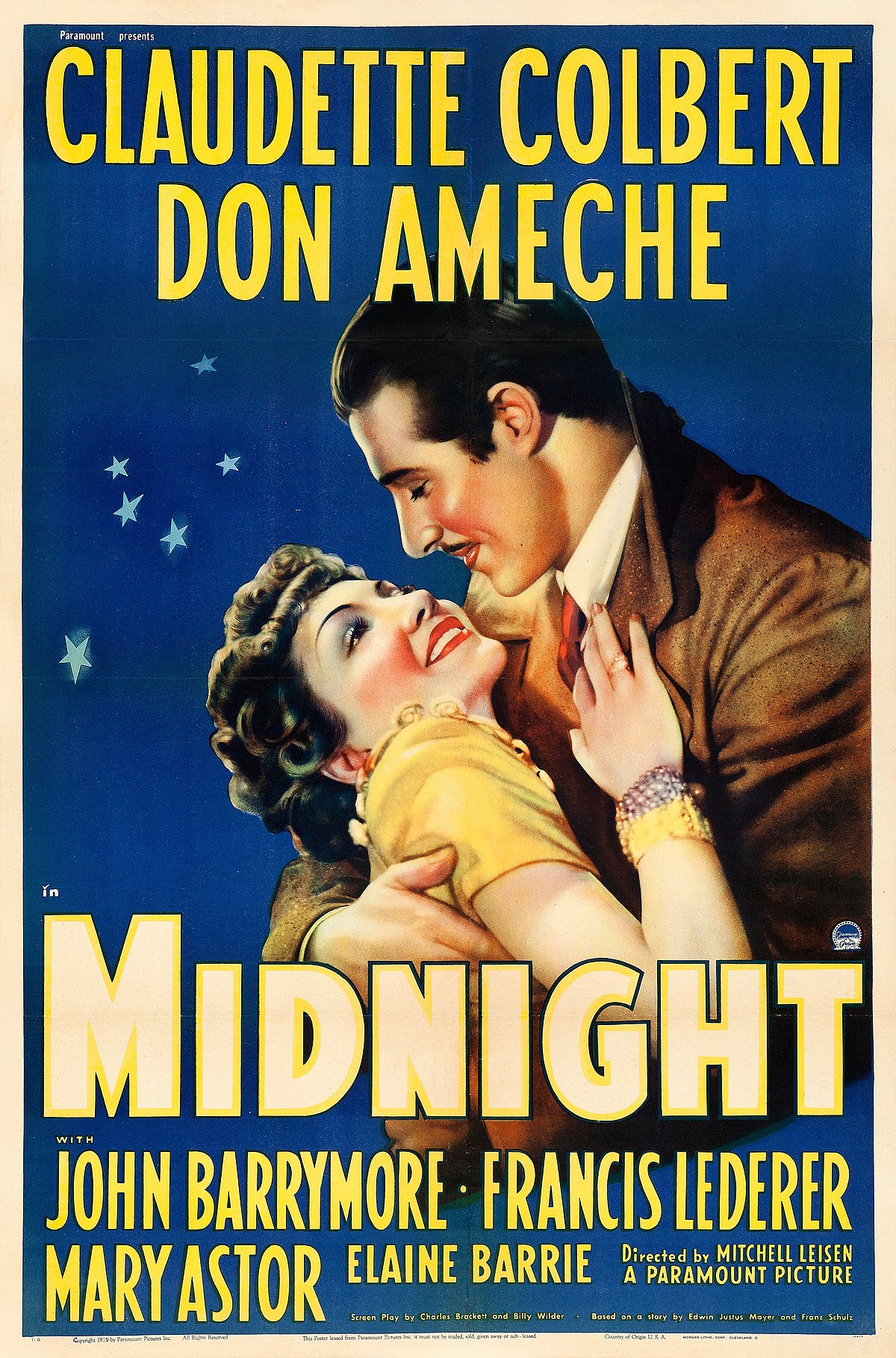 Movie poster for Midnight movie. Claudette Colbert and Don Ameche name in yellow at top. Man holding female while she is gazing at him against blue background. Midnight title is in yellow in the front. JOHN BARRYMORE: FRANCIS LEDERER MARY ASTOR ELAINE BARRIE is written in yellow underneath the Midnight title. 