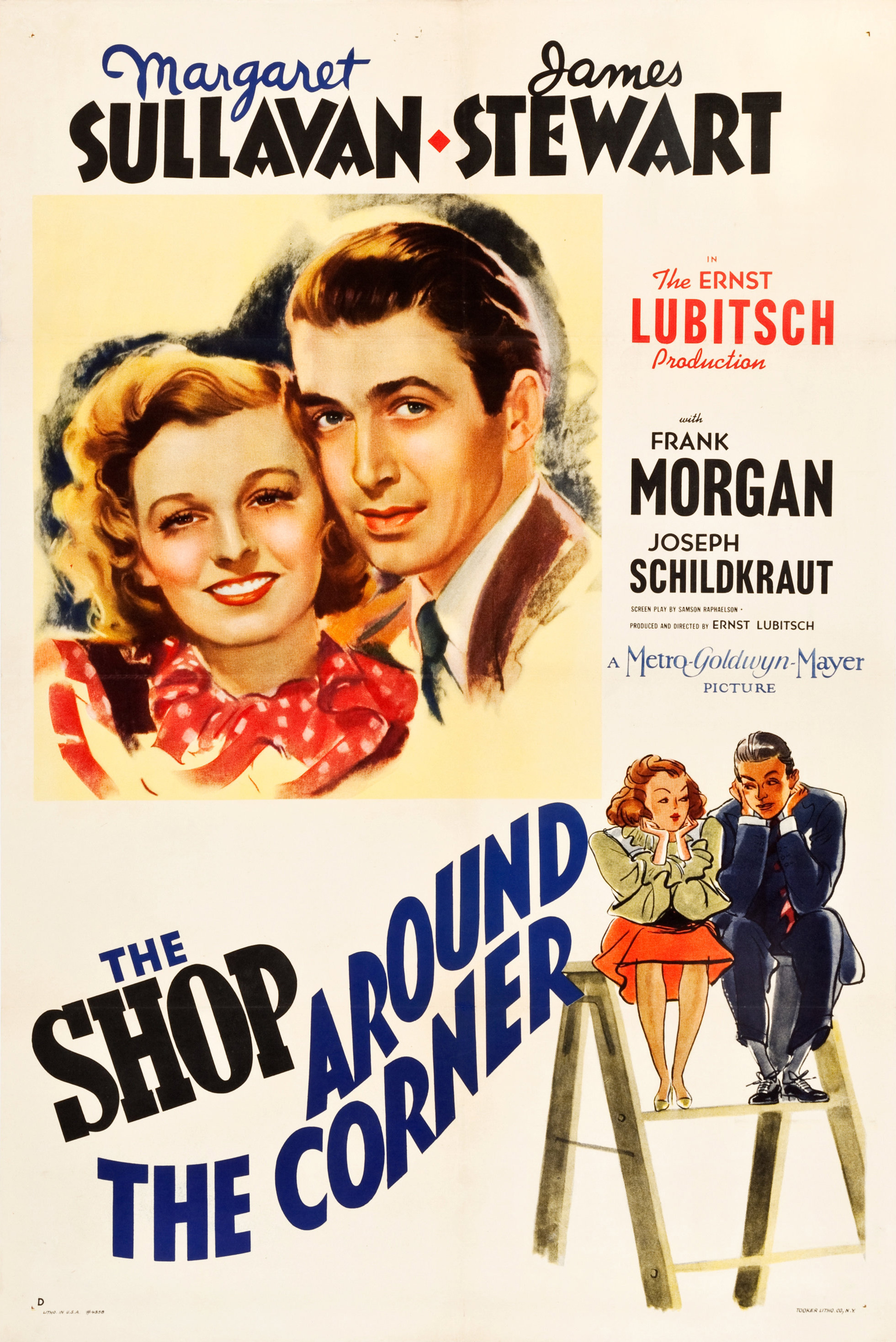 Its a white poster with picture of two people (Maureen Sullivan and Jimmy Stewart) face to face with wording about the movie on the right side. The shop around the corner title is at the bottom left and next to the couple sitting on a ledge. 