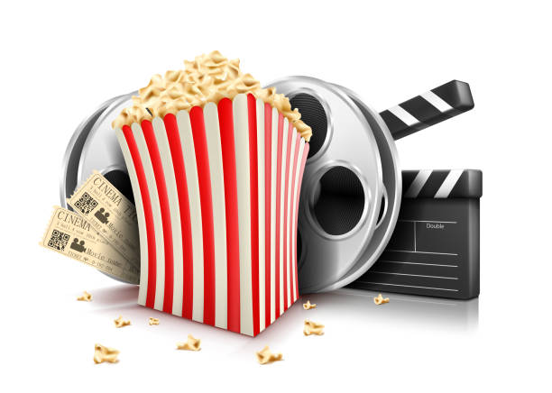 clipart showing popcorn, movie film, and tickets