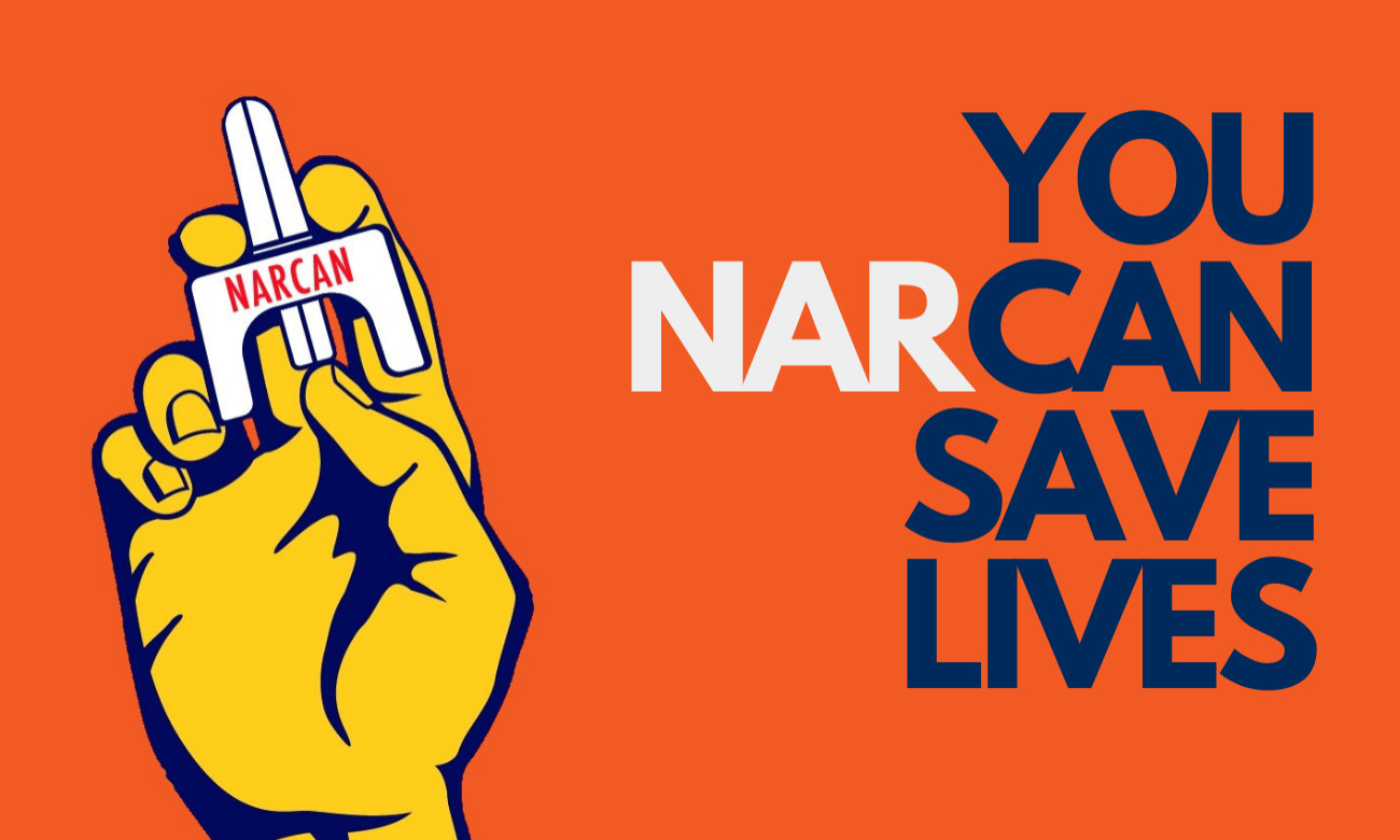 poster showing narcan nasal spray and reading "you can narcan save lives"