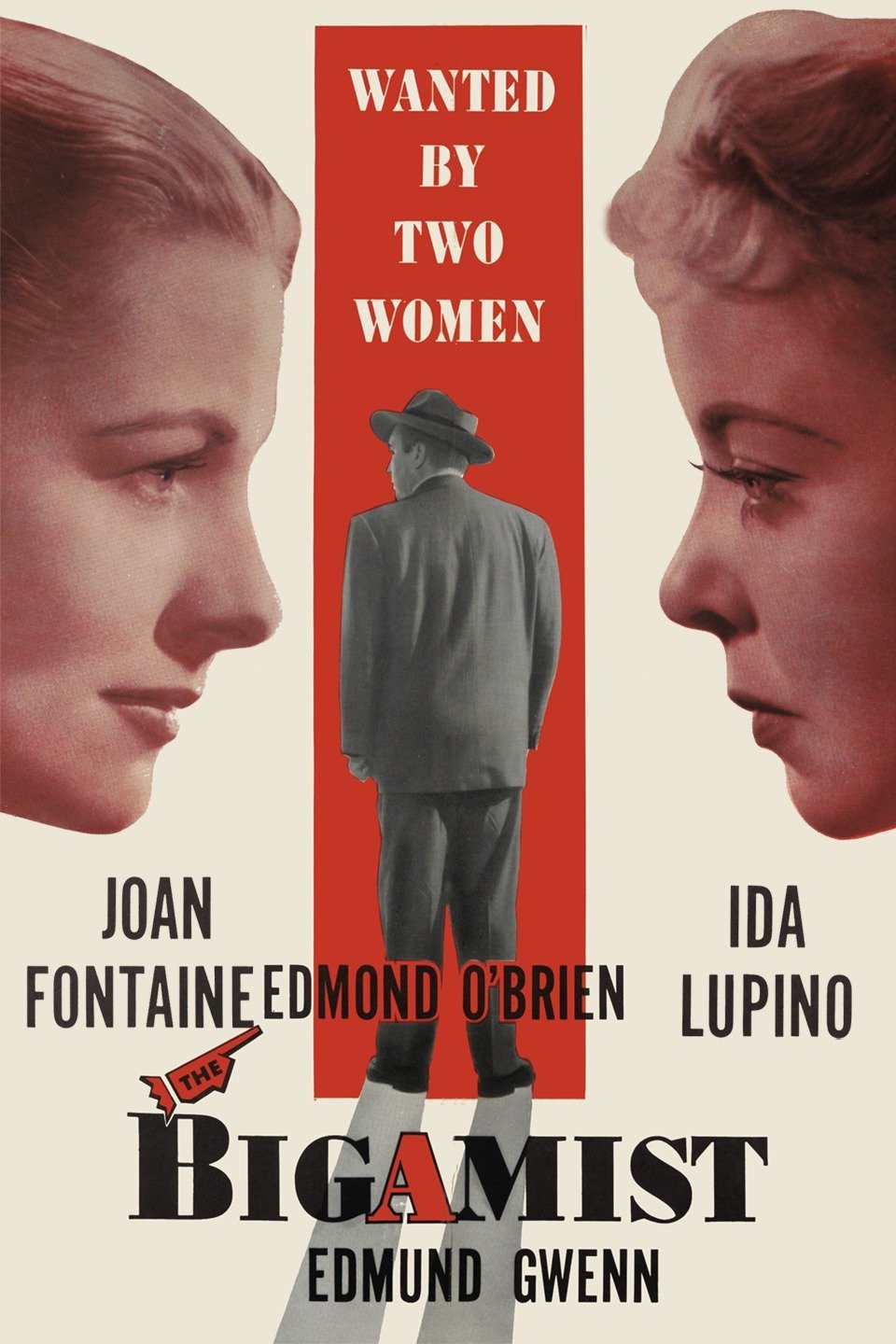 Two faces set against a white background both looking at man on a red background. Words showing the title of the movie and name of the actors. 