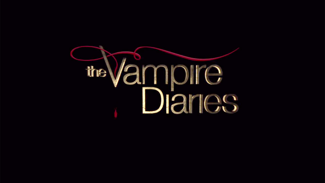 Vampire Diaries written in gold font against a black background. 