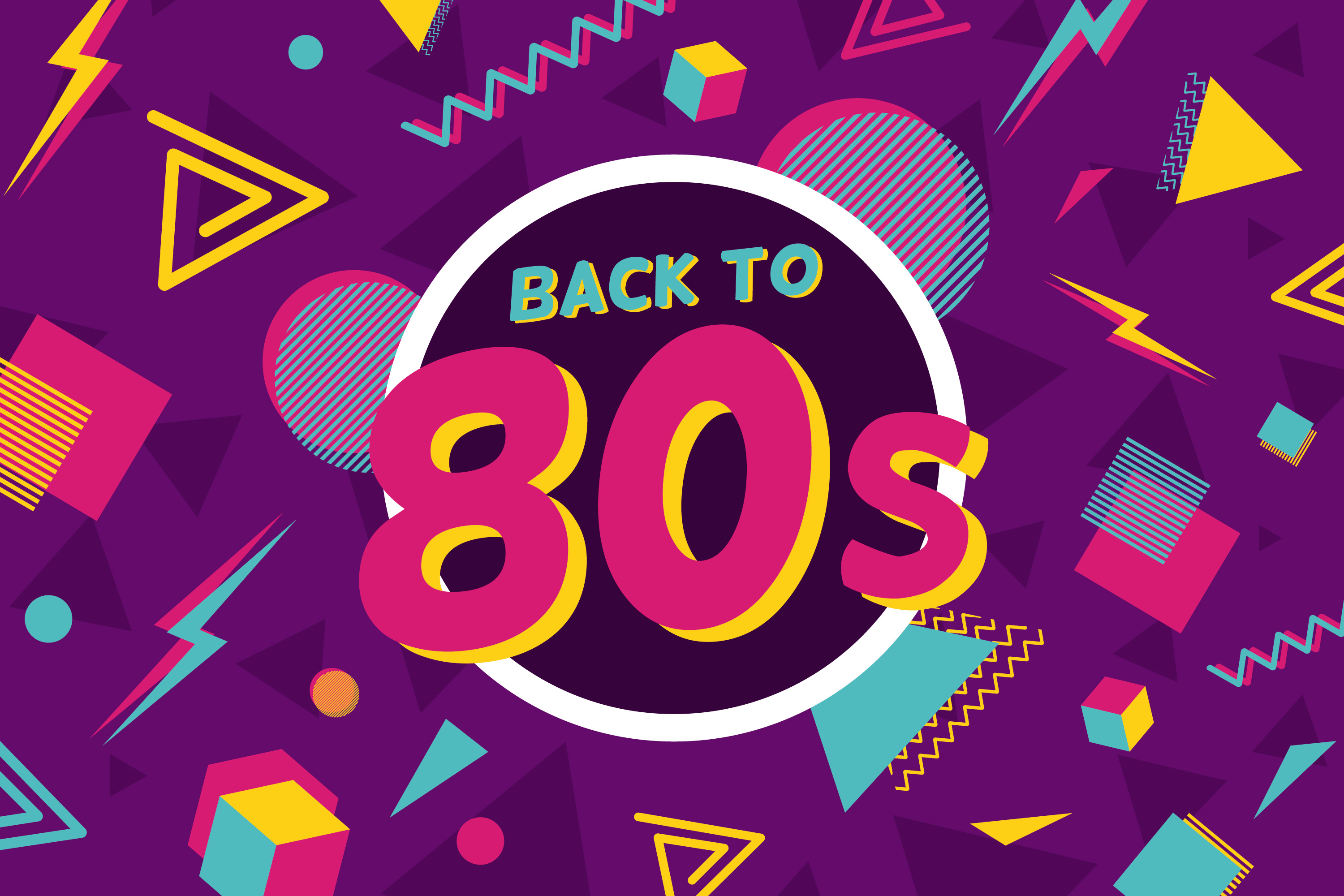 Back to the 80s spelled out in multicolors with a background of multicolored shapes and patterns. 