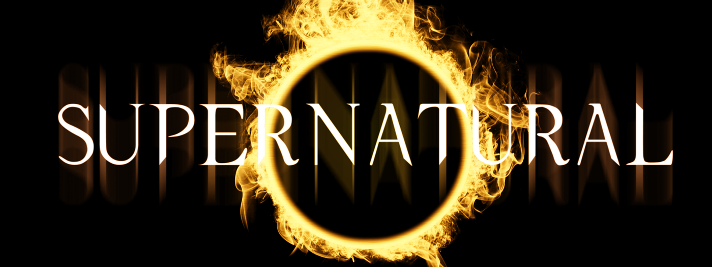 Supernatural spelled out in gold letters and is set against a black background which contains a  circular item that is flamed in gold. 