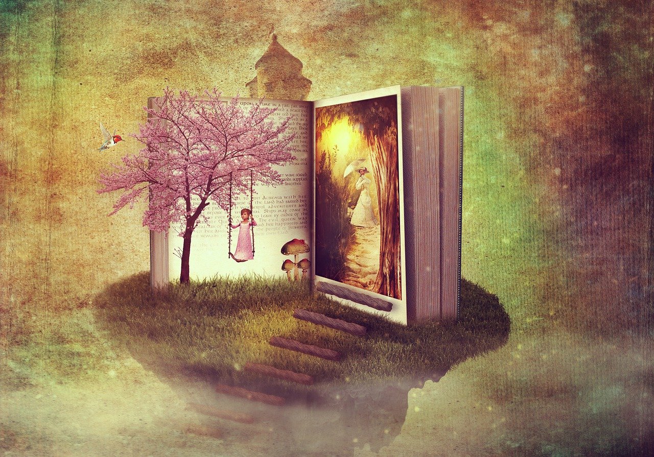 open book with girl swinging under pink blooming tree