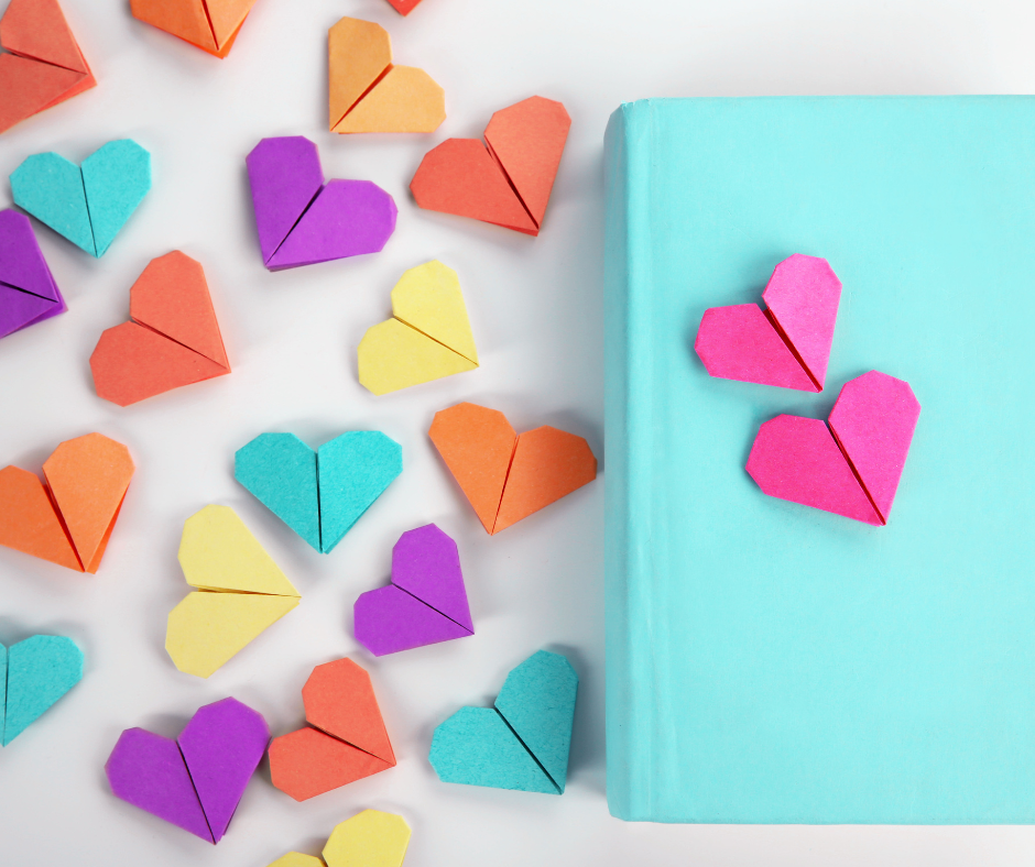 Book and origami heart bookmarks