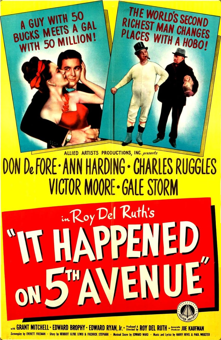 Movie Poster for It Happened One Night. It Happened on night is displayed in Yellow font. One man eating a carott while a lady is looking at him. 
