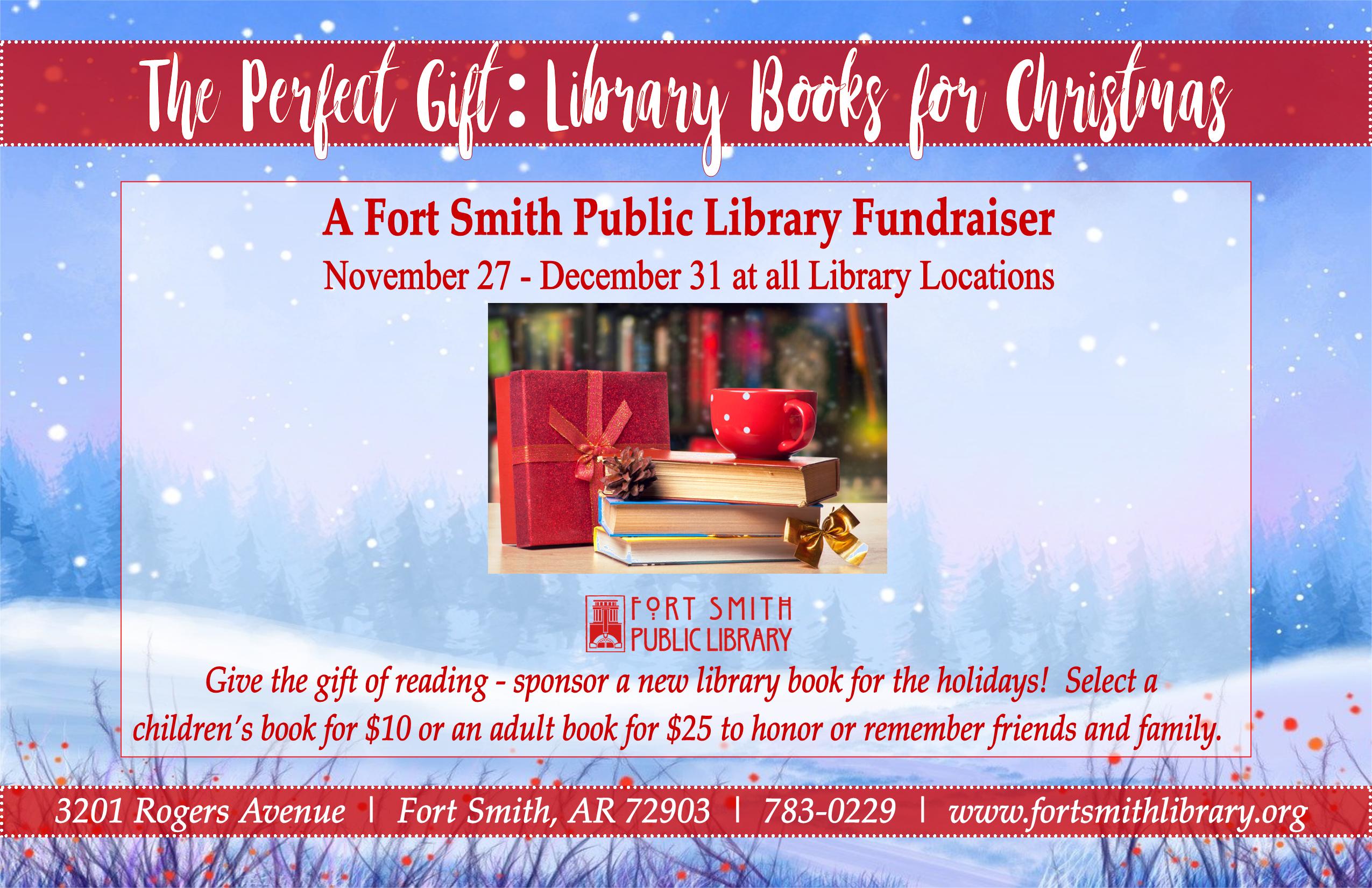 perfect gift program poster featuring books, a present, and a tea cup