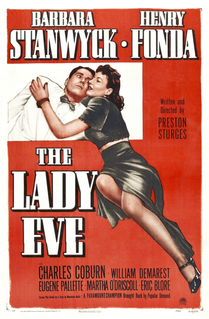 Movie poster with Barbara Stanwyck and Henry Fonda's name on it with two people in embrace with the name of the movie on it. The Lady Eve against a red back ground. 
