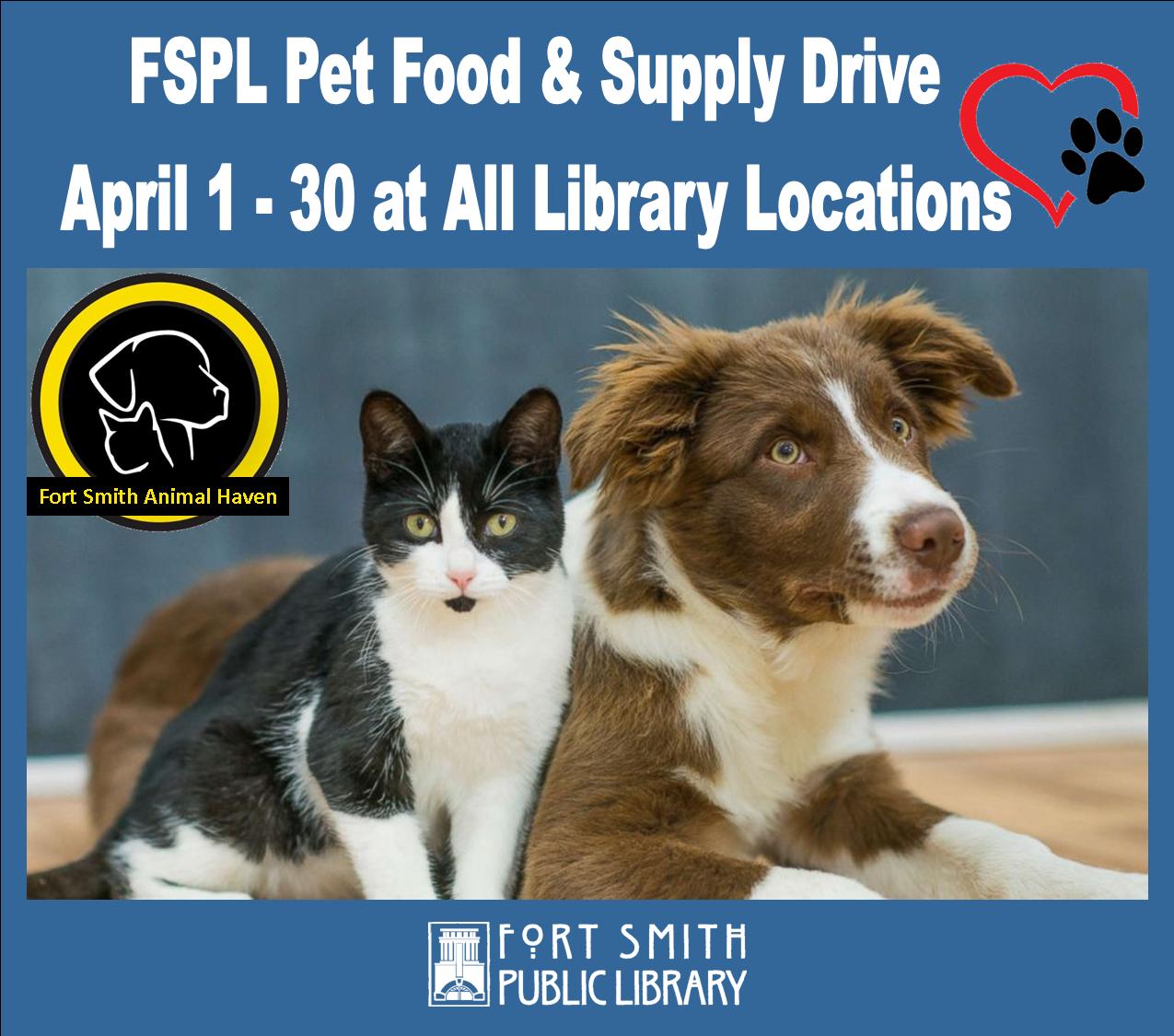 black and white cat and brown and white dog on sign for pet food and supply drive