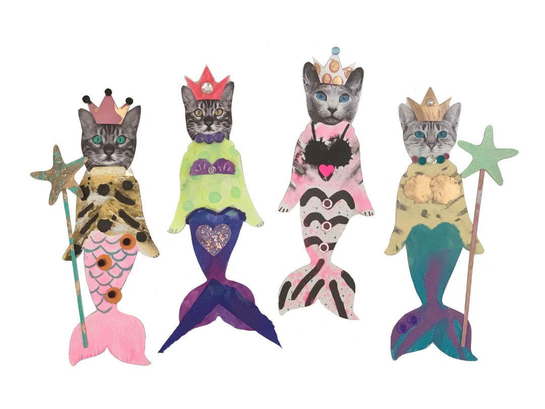 mixed media cats with mermaid tales